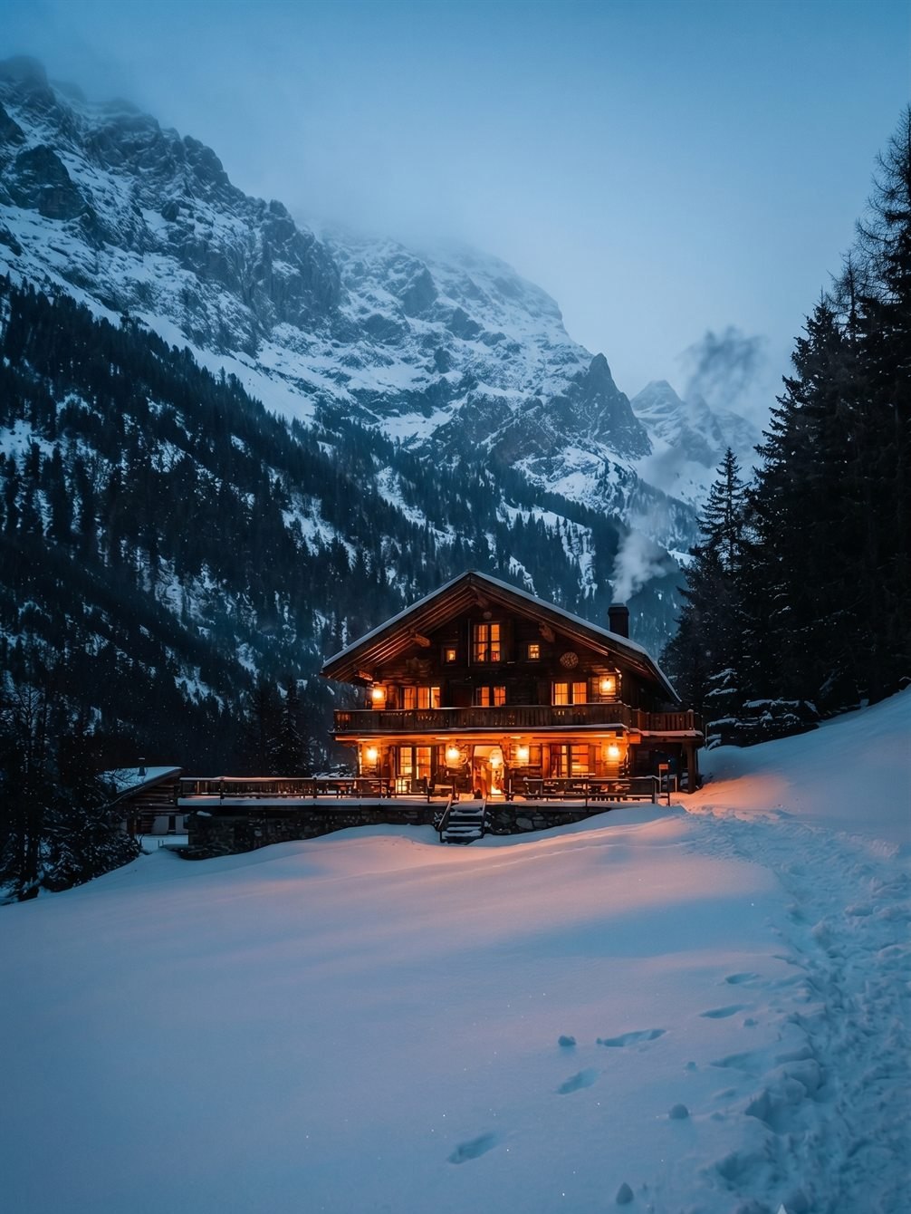 Alpine chalet at dusk with warm glowing windows, snow-covered mountains and pine forest