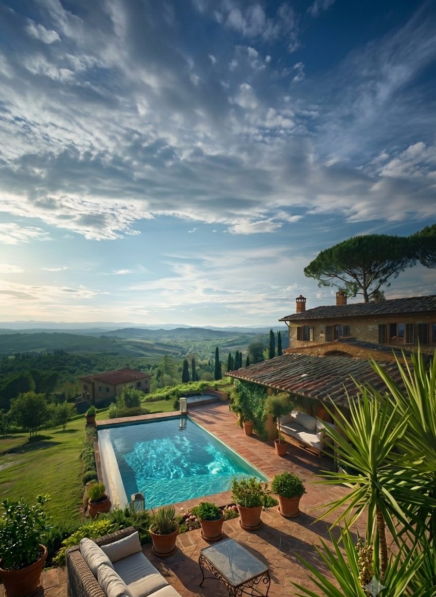 Tuscan villa with pool overlooking rolling hills and cypress trees