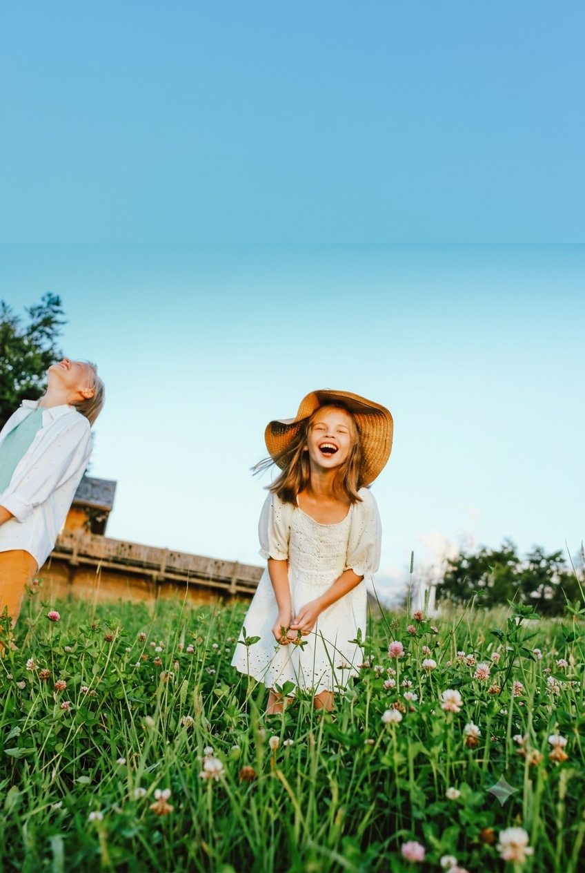 Child laughing in a sunlit alpine meadow with a straw hat, family-friendly hotel concept