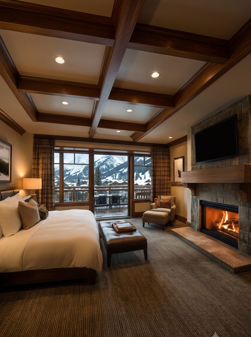 Luxury mountain hotel suite with fireplace and view of snowy peaks