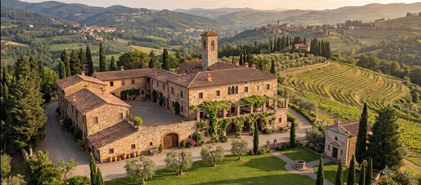 Aerial view of a Tuscan villa estate surrounded by vineyards and cypress trees