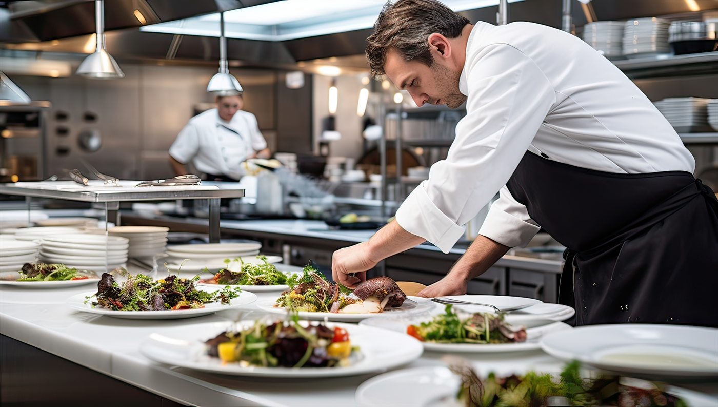 Chef plating dishes in a professional restaurant kitchen