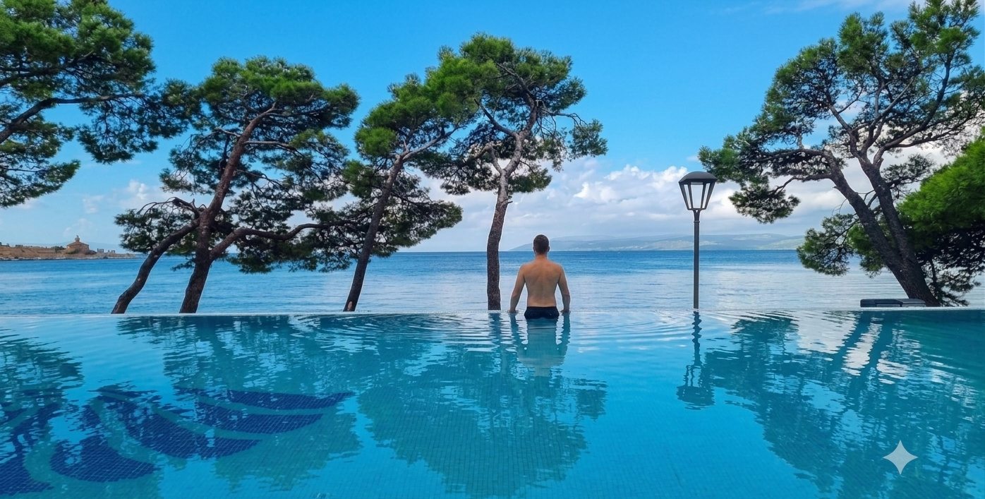 A person in an infinity pool overlooking the sea framed by Mediterranean pines