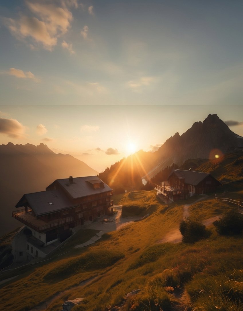 Alpine mountain chalet at golden sunset on grassy hillside